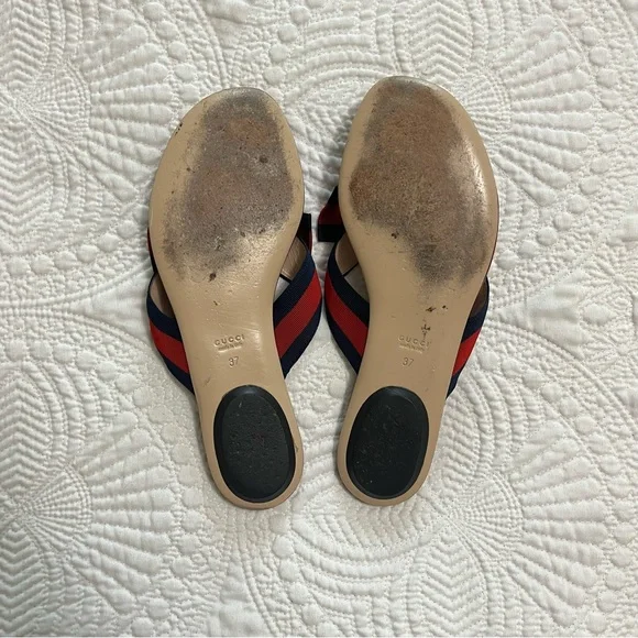 GUCCI Web Star Sandal Flip Flop Patriotic Gold Star Red Blue Bow Flat Size 37 - Picture 8 of 8